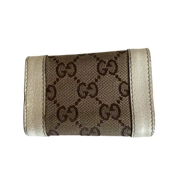 Gucci trifold keychain HH canvas logo signature white leather trim